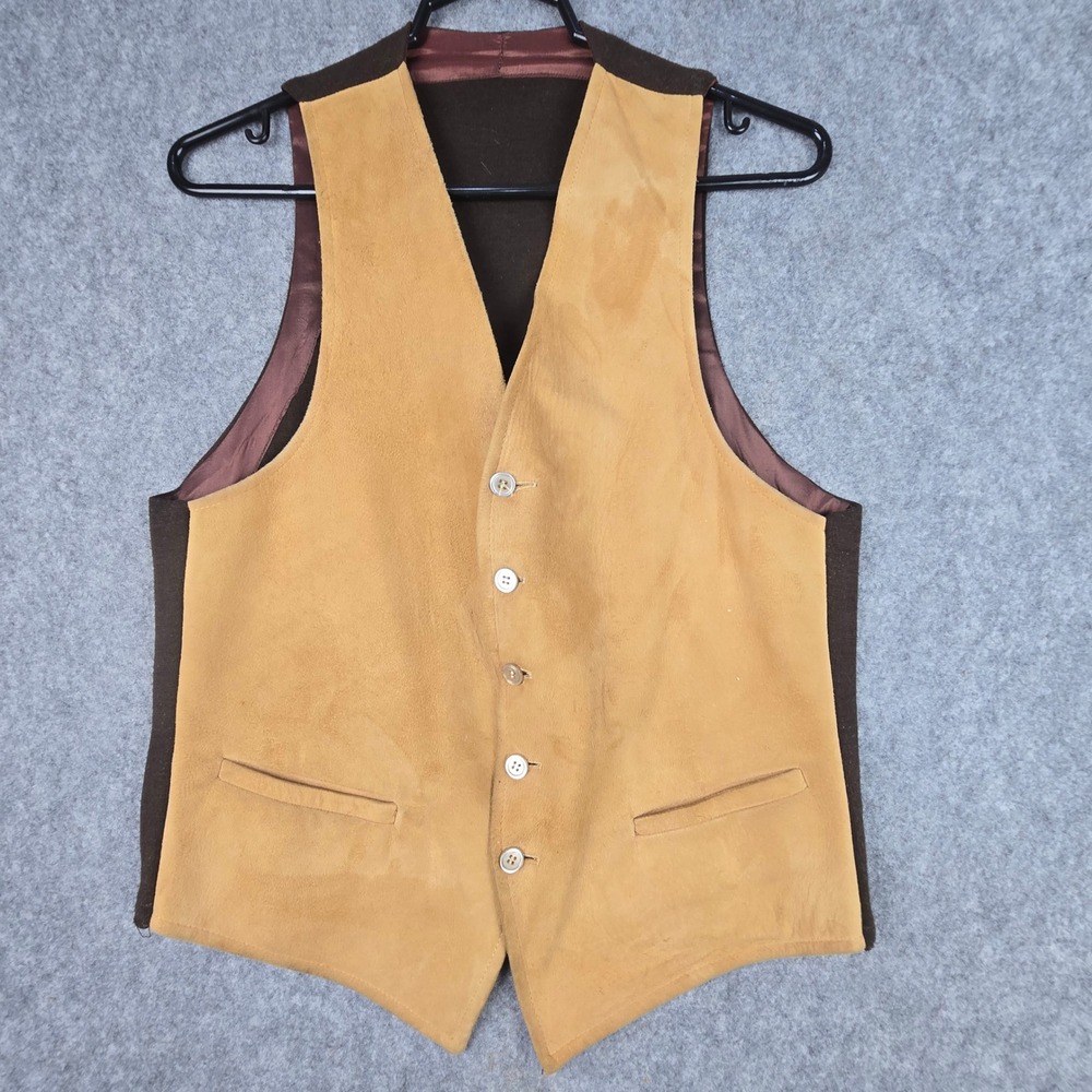 Vintage 70s Suede Vest Mens Small Tan Brown Knit Back Western Boho Waistcoat